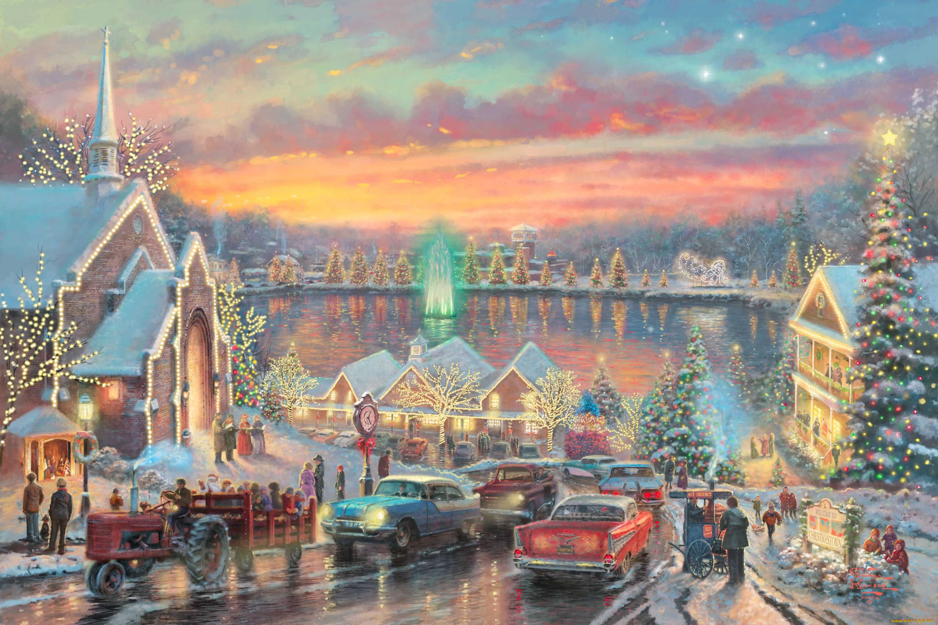 the, lights, of, christmastown, рисованные, thomas, kinkade, люди, рождеств...